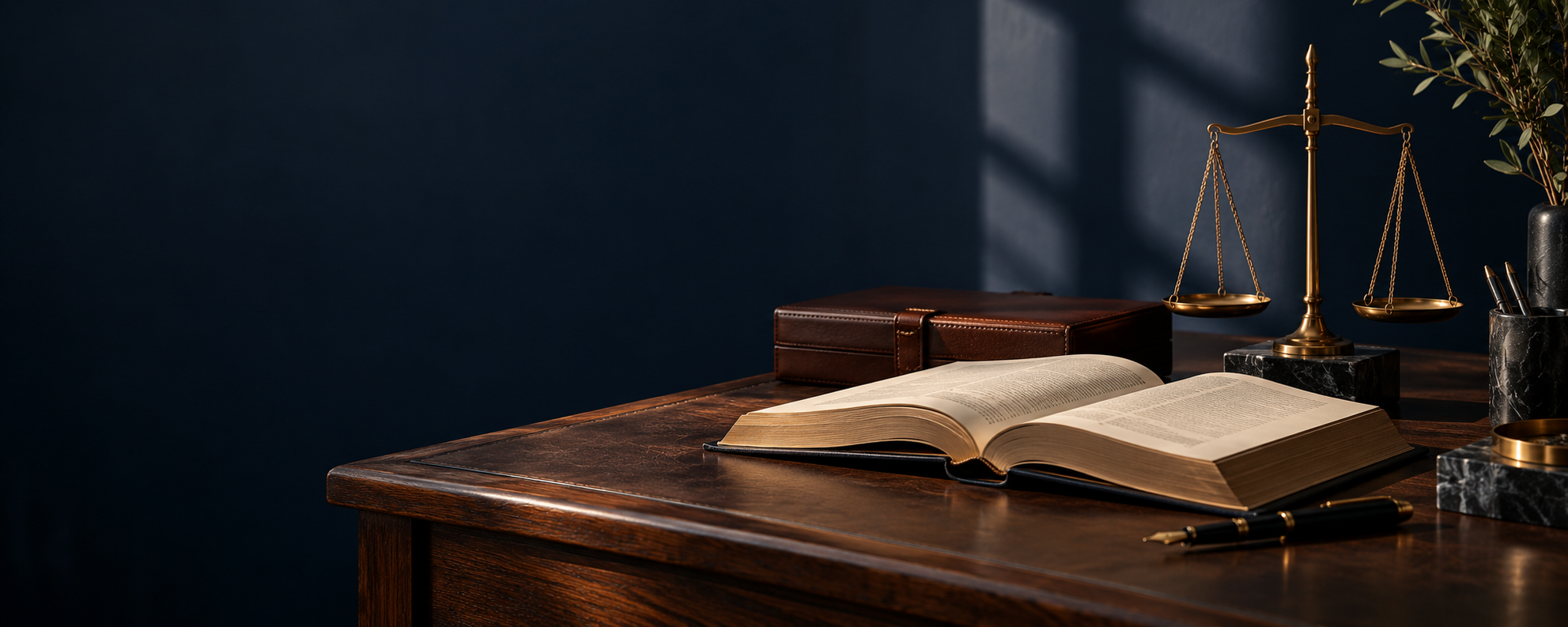 Livro de leis aberto junto a uma balança de justiça sobre uma mesa de madeira